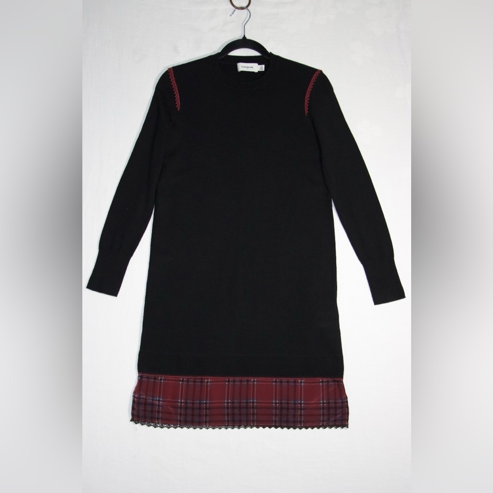 Vintage Coach 1941 Black Ribbed Knit Mini Sweater Dress Burgundy Plaid